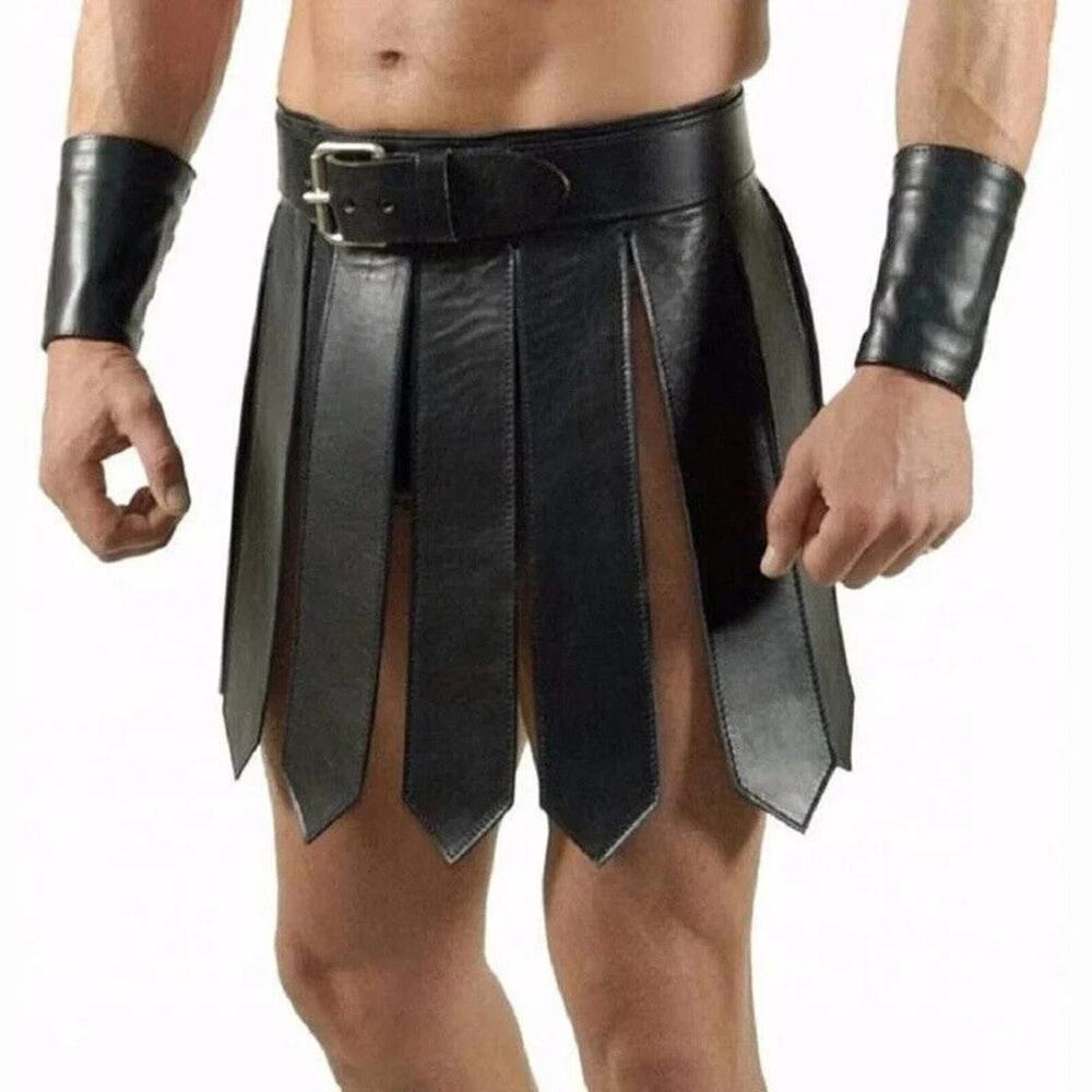 Mens Sexy Roman Gladiator Cosplay Costume Faux Leather Mini Skirt